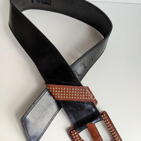 LYNN LERNER Vintage Wide Black Leather Belt with Gold Mini Metal Studs Italy main image 7